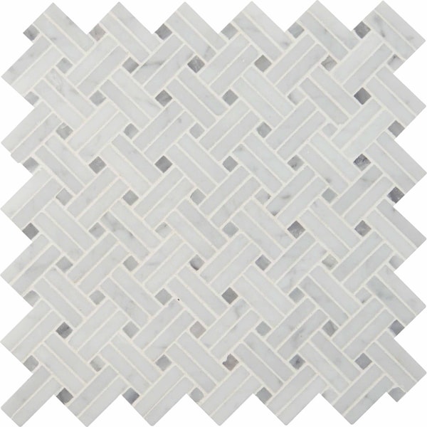 Msi Carrara White Basketweave SAMPLE Polished Marble Mesh-Mounted Mosaic Tile ZOR-MD-0439-SAM - main